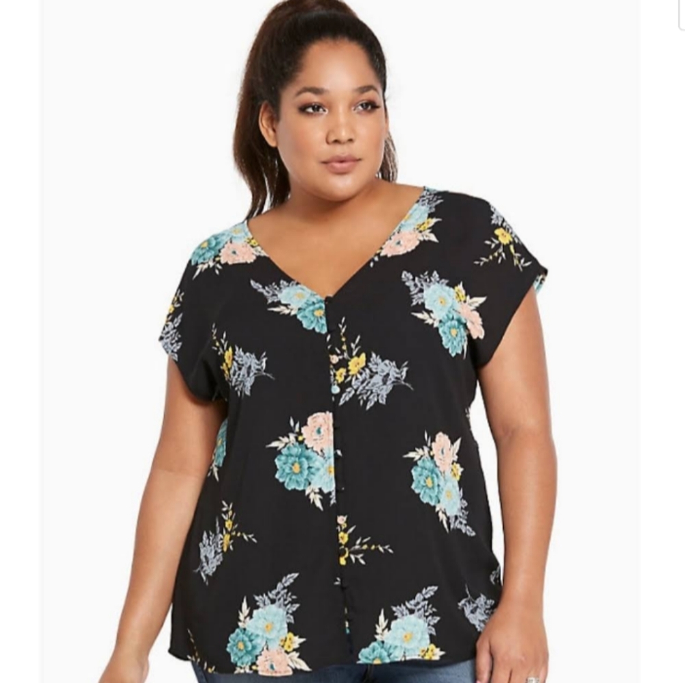 Torrid Black Blue Pink Floral Semi Sheer Shirt Tunic Top 1X